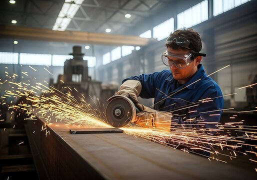 A Man In Protective Gear Operates An Angle Grinder On A Metal Beam, Producing A Cascade Of Hot Sparks.
