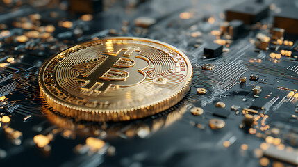 Gold bitcoin resting on a circuit board, symbolizing cryptocurrency technology and digital finance