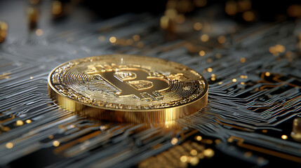 Cryptocurrency coin with intricate circuitry background represents digital finance innovations in modern technology