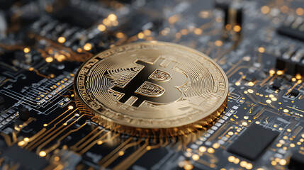 Cryptocurrency symbol shines on circuit board representing digital finance evolution in modern technology