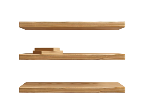 Three horizontal wooden shelves.  Each shelf displays a smooth, light-tan wood grain.  The shelves are uniformly sized and spaced.  Small, stacked wooden blocks are on the middle shelf