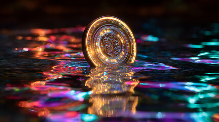 Glowing coin floating in shimmering water with colorful reflections at night