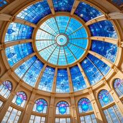 Obraz premium Stunning stained glass dome ceiling with blue celestial design and grand architectural interior