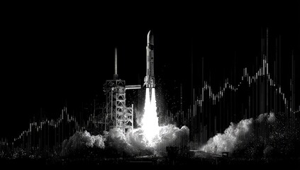 Rocket launch against a backdrop of financial data