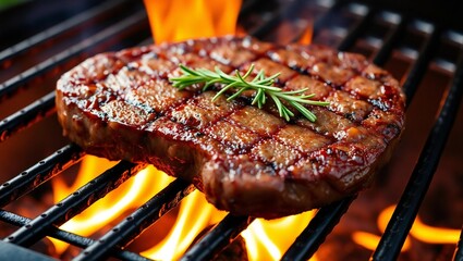 Juicy ribeye steak sizzling on a hot grill with rosemary garnish