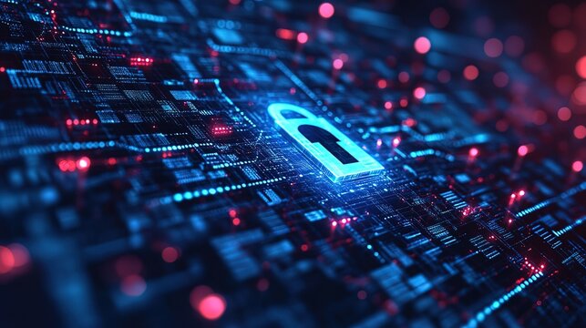 Cybersecurity Concept with Digital Lock on Circuit Board Background 