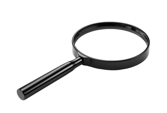 Isolated black magnifying glass.  A round, black magnifying glass with a dark, cylindrical handle is displayed against a solid black background.  The glass is clear or transparent - Powered by Adobe
