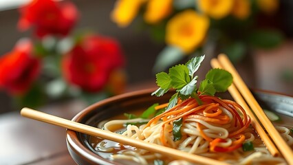Steaming Pho noodles with fresh herbs on lacquer tray, representing Vietnam's inviting National Day cuisine.