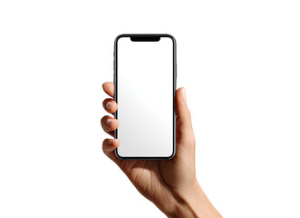 A hand holds a black smartphone, blank screen facing forward