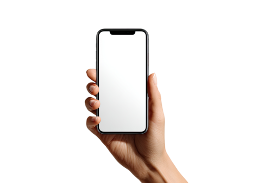 A hand holds a black smartphone, blank screen facing forward