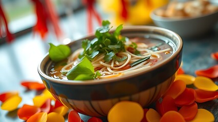 Vietnam National Day flag on silk cushion with bamboo leaves and lanterns