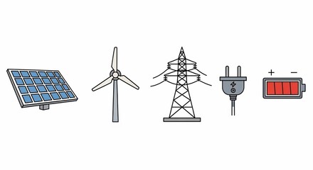 A collection of icons representing renewable energy sources, power transmission, and energy storage solutions.