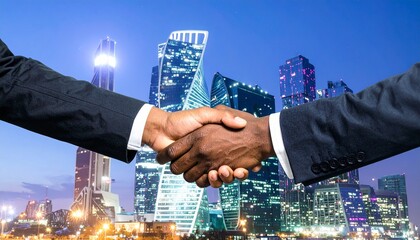 Close-up of a diverse business handshake with a modern city skyline in the background at night.