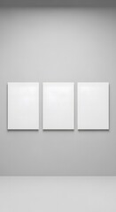 A clean and modern interior scene featuring a triptych of three empty square frames on a neutral wall, ideal for use as a presentation mockup or art exhibit template