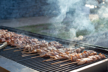 A large chargrill with rows of marinated pork, chicken, and lamb chunks on wooden skewers is...