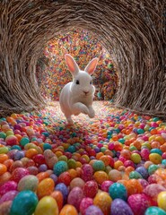 Obraz premium White rabbit running through a tunnel of colorful candy eggs
