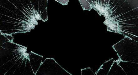 Broken Glass: A shattered glass pane, with intricate cracks radiating outward against a black background, symbolizing destruction and vulnerability.