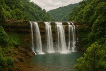 Fototapeta premium Majestic wide waterfall cascading through a lush green forest valley.