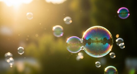 Iridescent soap bubbles float gracefully in golden sunlight against a blurred green outdoor background.