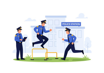 Three police officers engage in physical training outdoors at the station, running laps and jumping hurdles.  