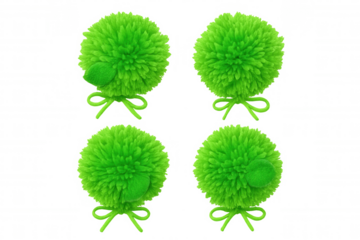 Four variations of a fluffy green pompom with a leaf and ribbon, isolated on a transparent background