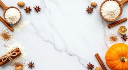 Fototapeta premium Pumpkin Spice Ingredients with Cinnamon Star Anise Nutmeg and Flour on White Marble Surface