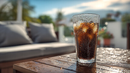 テラスのテーブルの上に置かれたアイスコーヒー
