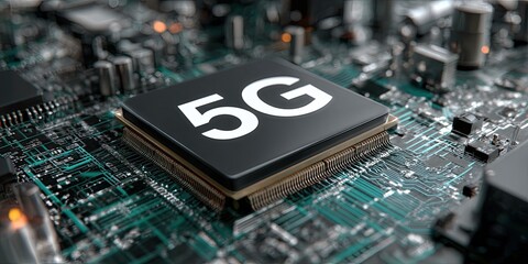 Close-up of a circuit board with a 5G chip