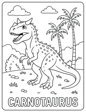 Outlined carnotaurus dinosaur in a prehistoric landscape coloring page illustration