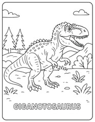 Giganotosaurus coloring page with trees, clouds, and bushes in a black and white scene