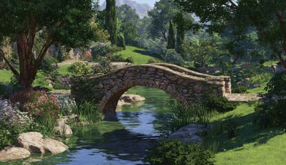 Fototapeta premium Scenic garden with stone bridge over a stream