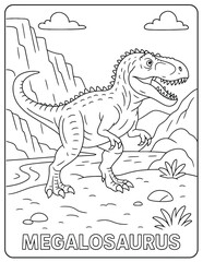 Megalosaurus dinosaur coloring page with mountains and clouds in the background line art