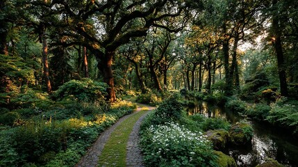 Fototapeta premium Path through lush green forest with trees and foliage in sunlight.
