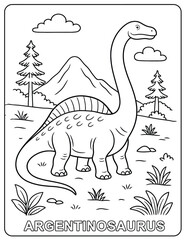 Argentinosaurus dinosaur in a line art coloring page with mountain and trees scene