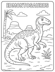 Edmontosaurus dinosaur outlined in a coloring page with palm tree and clouds scene