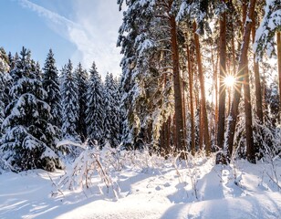 Sunny winter forest with snow-covered pines