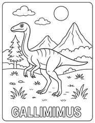 Gallimimus dinosaur in a landscape with mountains, tree, clouds and sun coloring page
