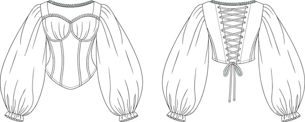 Puff sleeve corset top technical sketch, lace-up back detail, structured bodice design, fashion cad drawing, flat garment vector illustration