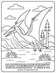 Hatzegopteryx coloring page featuring a giant flying reptile over a landscape scene © Shanto