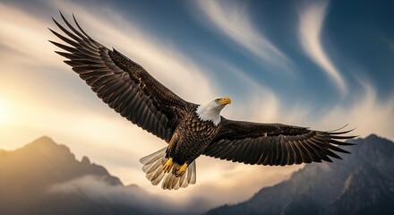Obraz premium Majestic Bald Eagle Soaring Against a Mountainous Sunset Sky