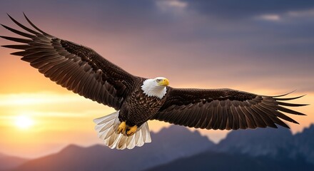 Obraz premium Majestic Bald Eagle Soaring at Sunset Over Mountains