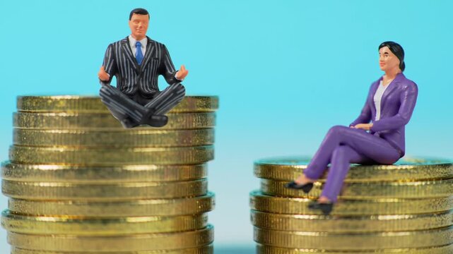 Miniature Figures Sit Atop Golden Coin Stacks Against A Pale Blue Background