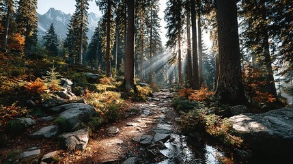 Forest with tall trees and a stream flowing through rocks sunlight shining through.