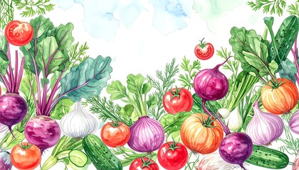 Vibrant watercolor garden vegetables border