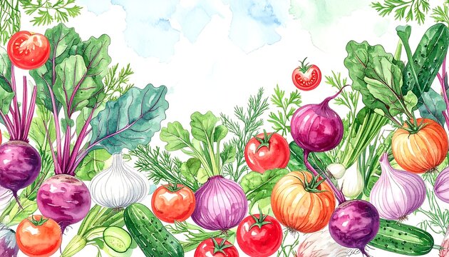Vibrant watercolor garden vegetables border