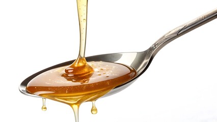 Honey pouring onto a silver spoon against a white background