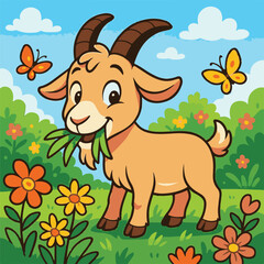 cartoon image of a goat eating grass in the park
