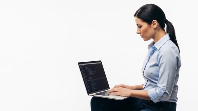 Woman coding on laptop, side view, against white background, focused on programming, typing, and software development