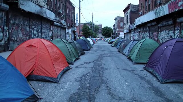 Rows of Colorful Tents Line Graffiti Lined Urban Streets Housing Insecure Population