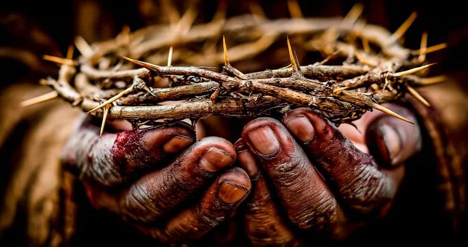 A closeup of hands releasing a crown of thorns onto a head, extreme close macro, cold clinical light, ceremonial and brutal but non-gory.